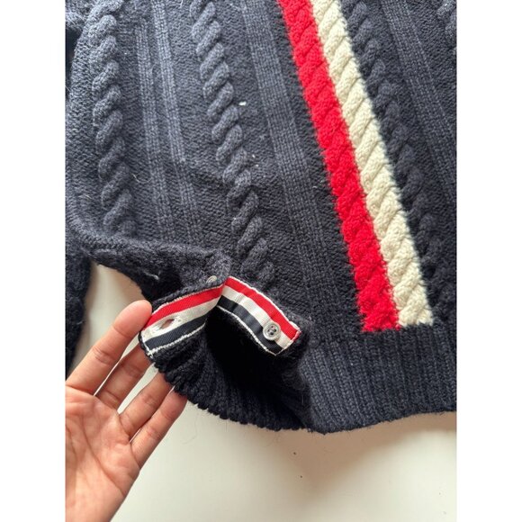 THOM BROWNE Navy Aran Merino Wool Cable Knit Crew Neck Pullover Sweater, Size 5 - Picture 11 of 16